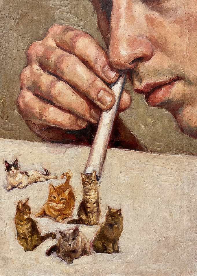 Man Snorting Tiny Cats Surreal Art