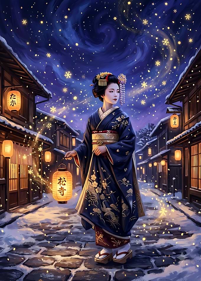 Geisha in Snowy Japanese Street