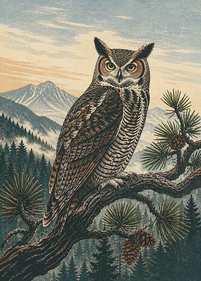 Mountain Sentinel Owl Linocut