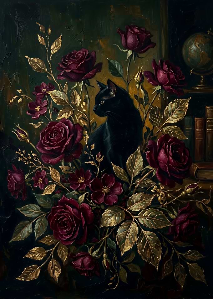 Black Cat Among Dark Roses