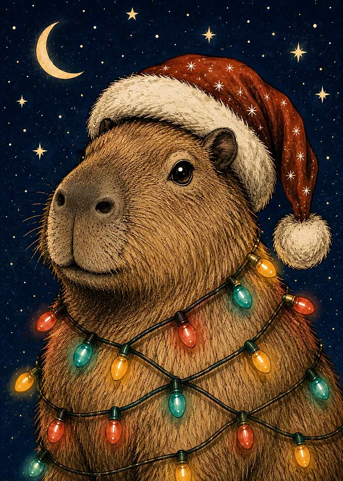 Capybara Wearing Santa Hat and Lights