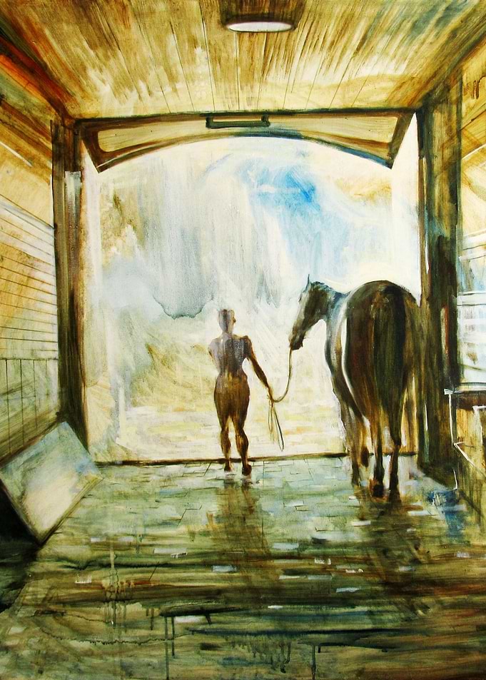 Person Leading Horse from Stable