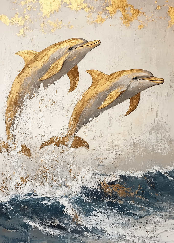 Golden Dolphins Leaping from Ocean Waves