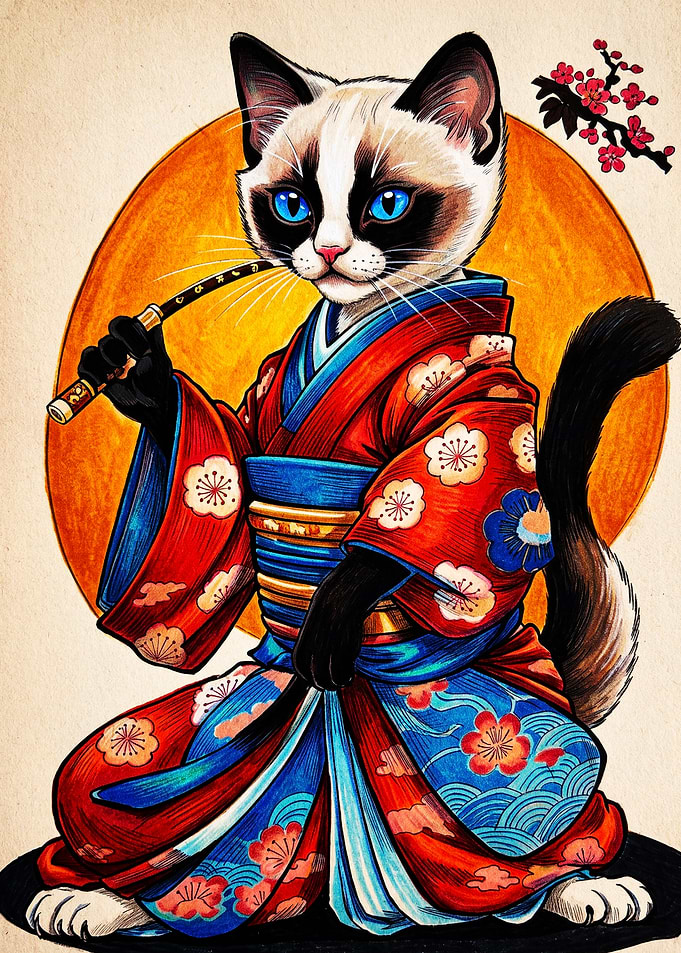 Samurai Cat in Traditional Kimono