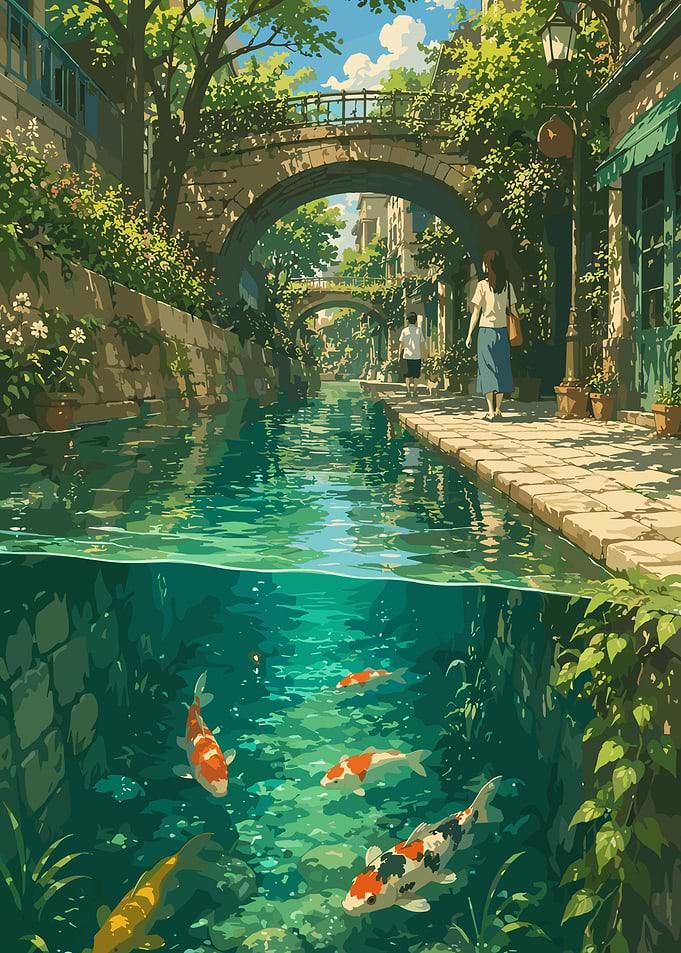 Serene Canal with Koi Fish