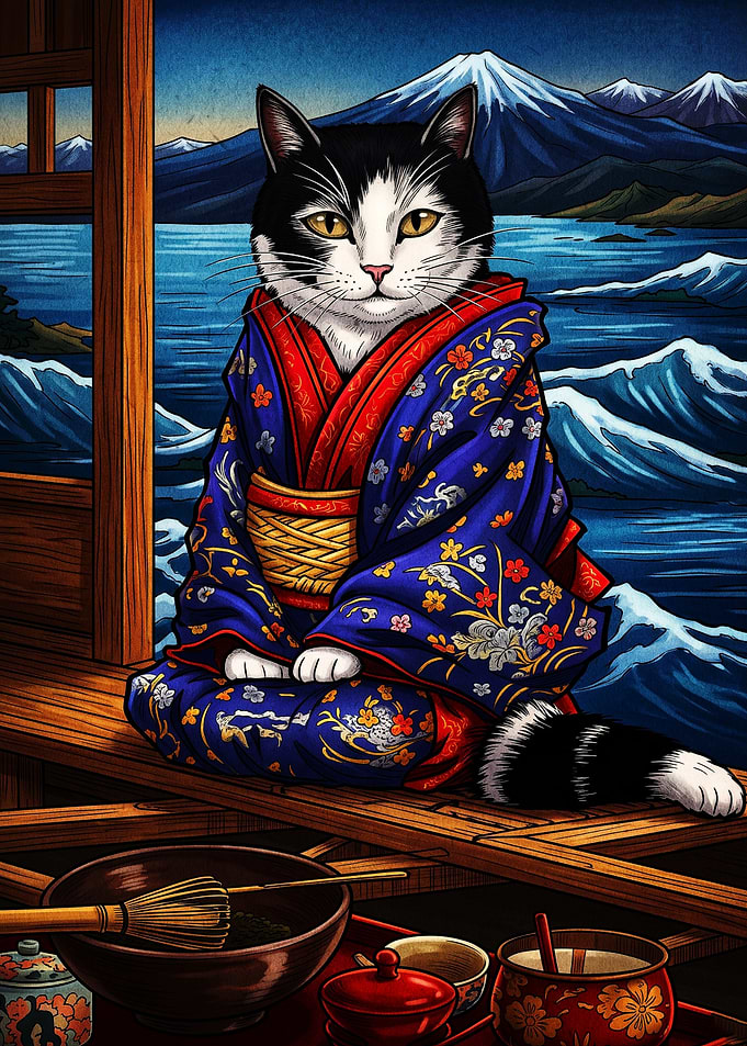 Cat in Kimono by Mount Fuji