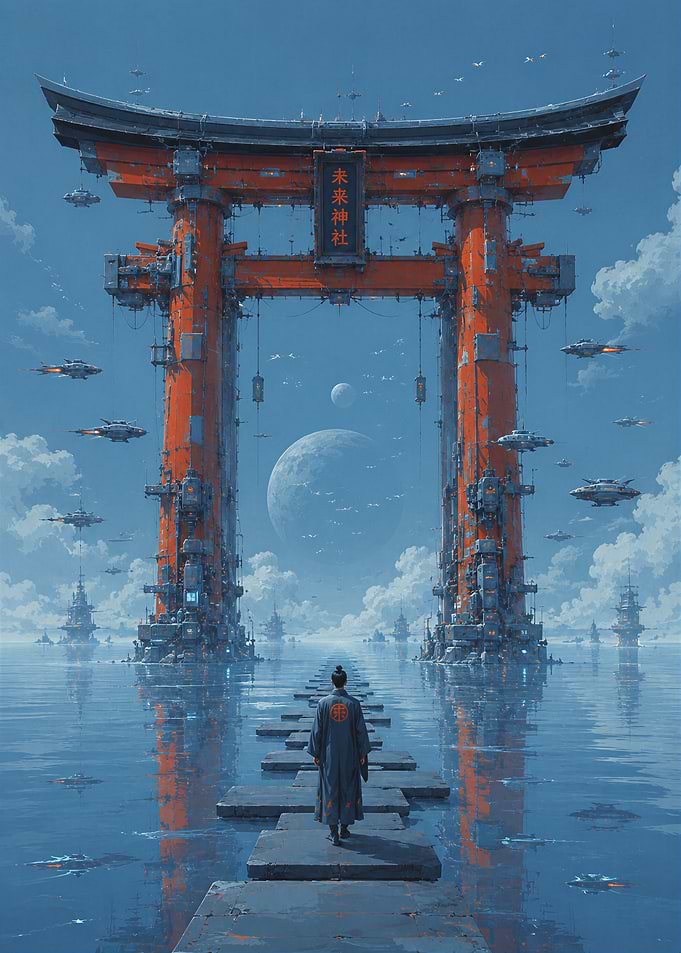 Futuristic Torii Gate Over Water