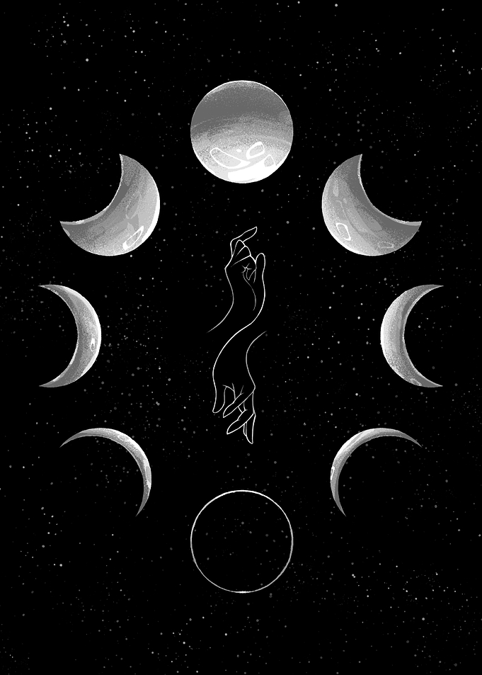 Celestial Moon Phases and Hands Illustration