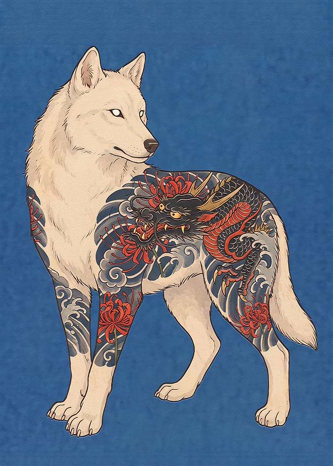 Wolf with Japanese Dragon Tattoo Art