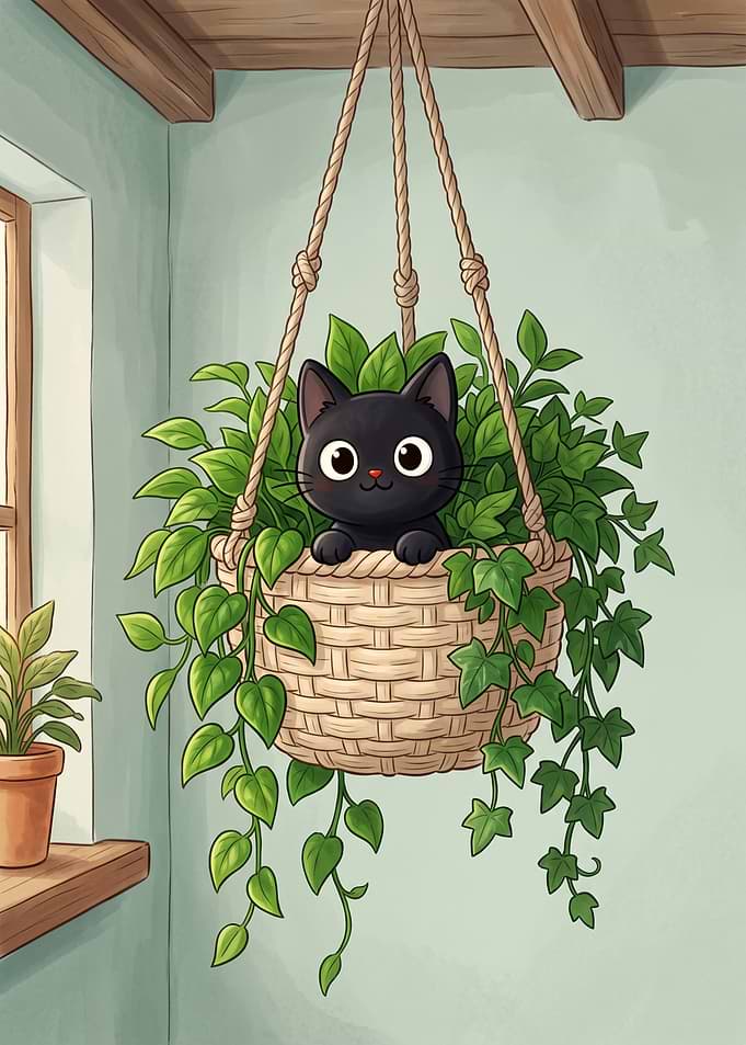 Black Cat in Hanging Basket Cute