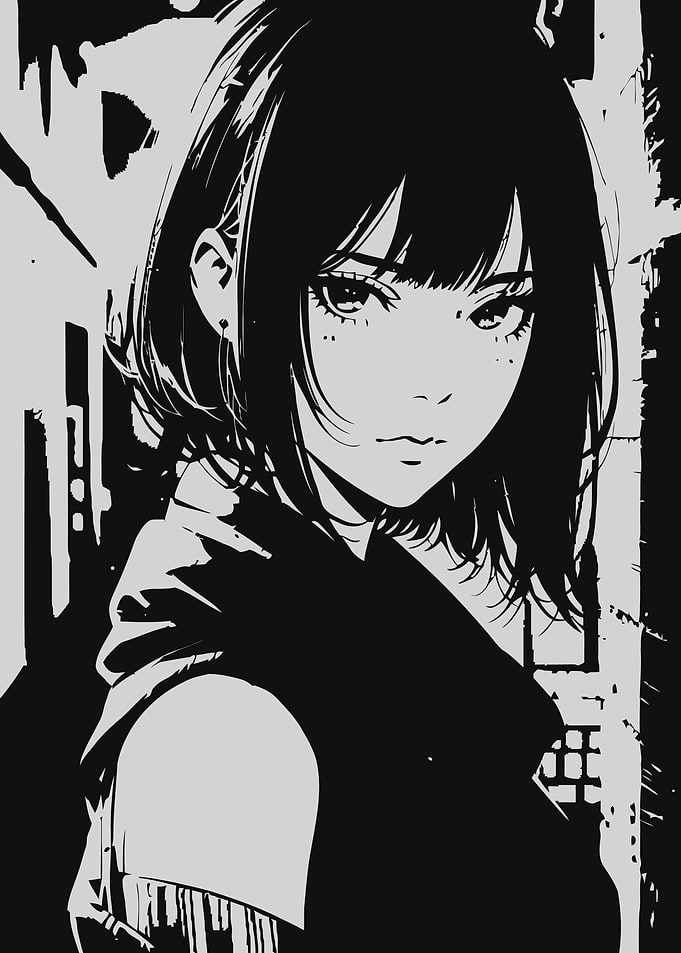 Black and White Anime Girl Portrait