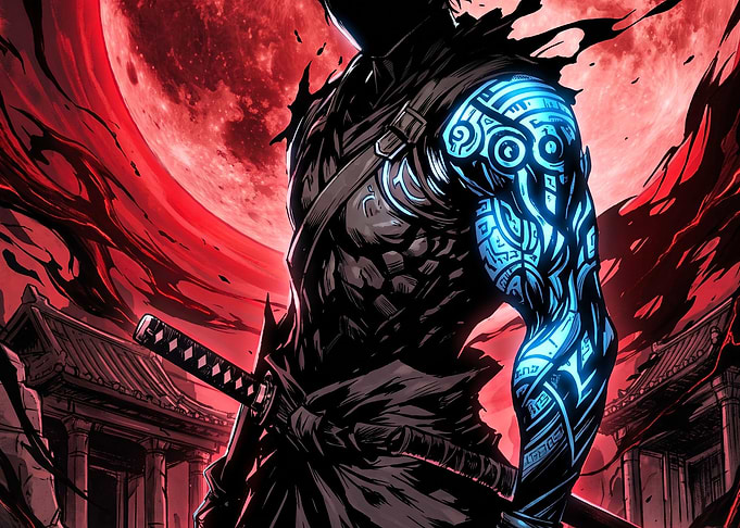 Glowing Tattooed Samurai Under Red Moon
