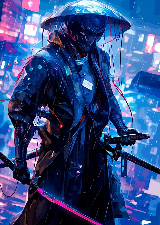Cyberpunk Samurai in Neon Rain