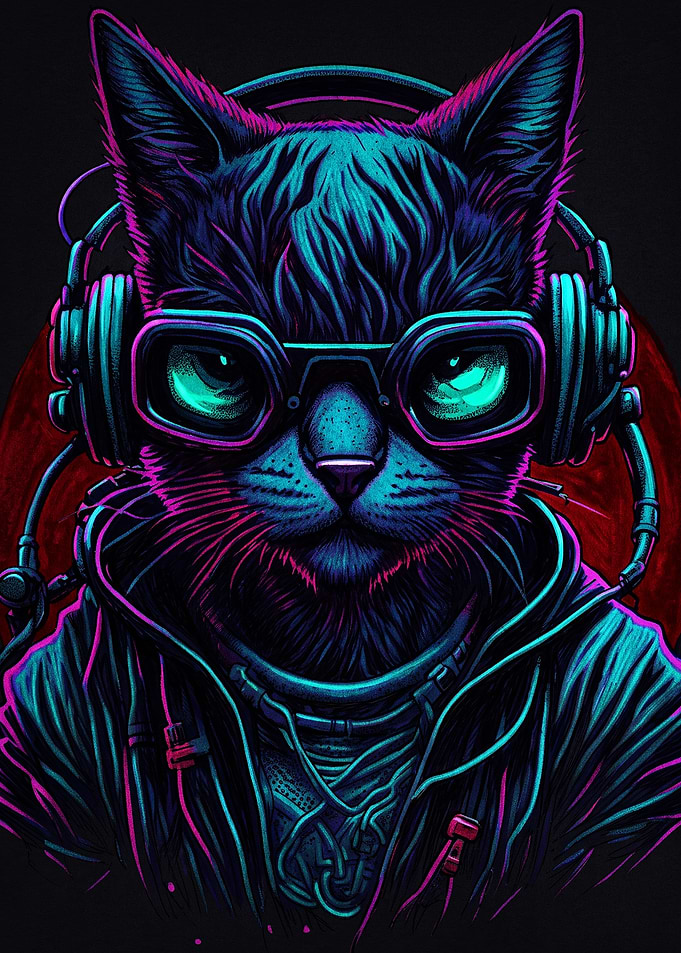 Cyberpunk Neon Cat with Headphones