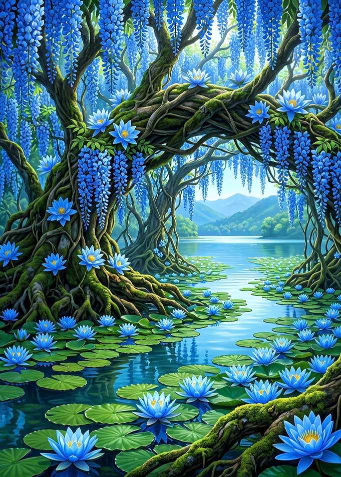 Enchanted Blue Wisteria and Lotus Pond