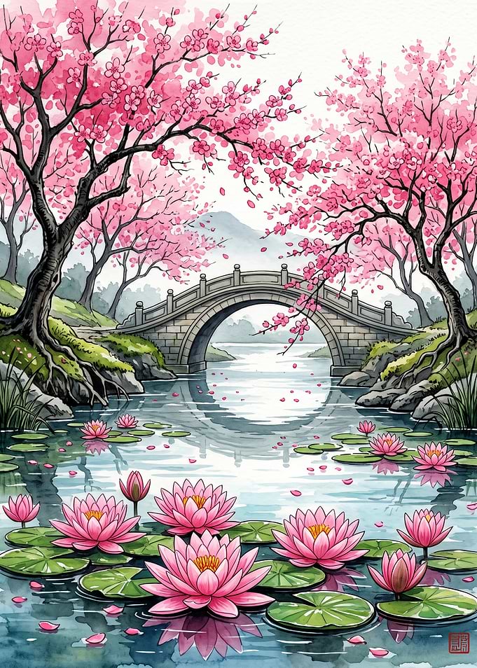 Cherry Blossom Bridge and Water Lilies