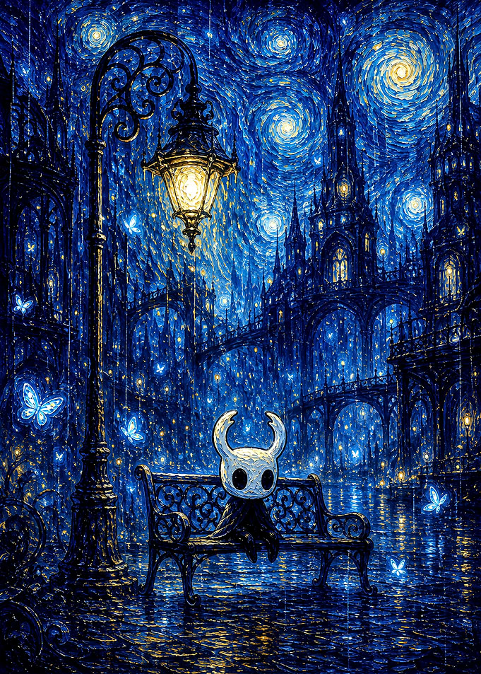 Hollow Knight in Starry Night Style