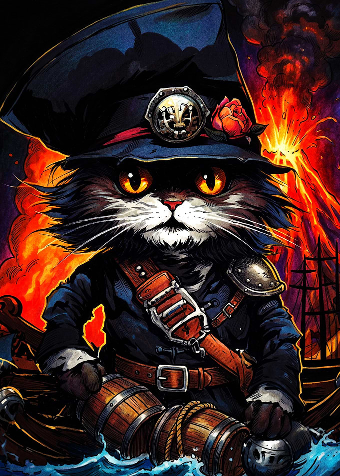 Steampunk Pirate Cat with Volcano Background