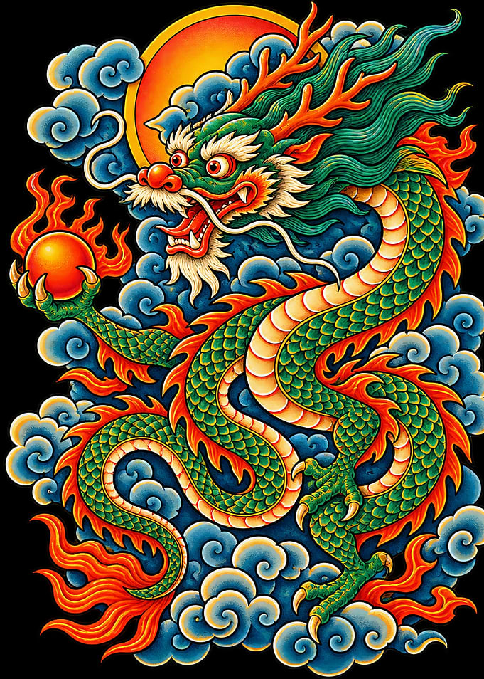 Traditional Japanese Dragon with Fire Orb