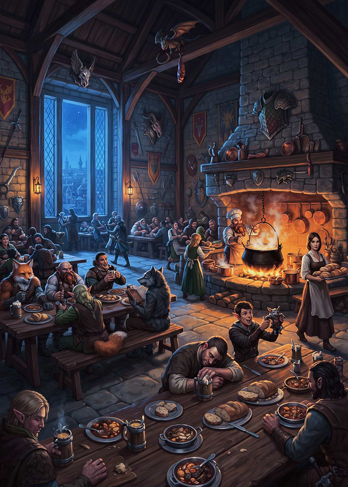 Bustling Fantasy Tavern Interior Scene