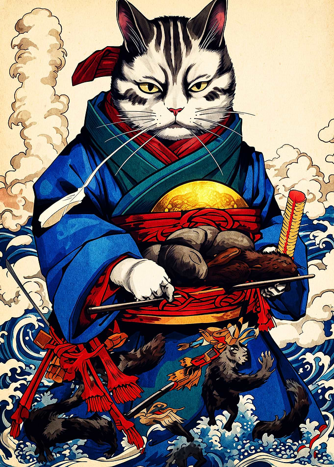 Samurai Cat in Traditional Kimono