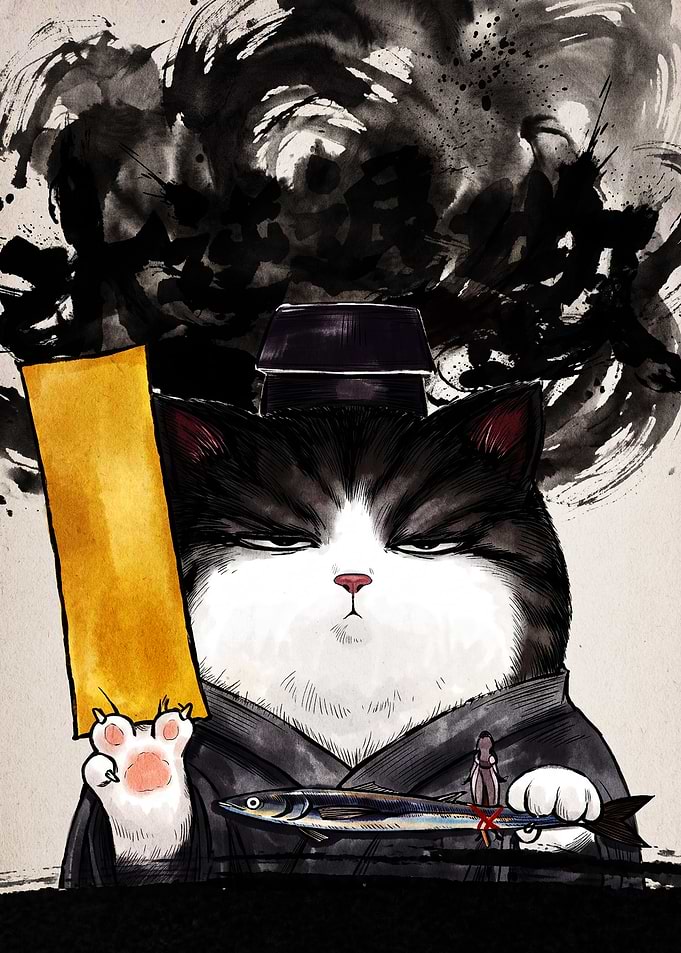 Sumo Cat Judge with Fish
