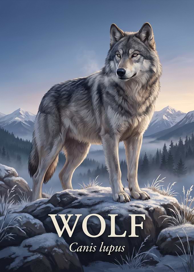 Majestic Gray Wolf in Snowy Mountains