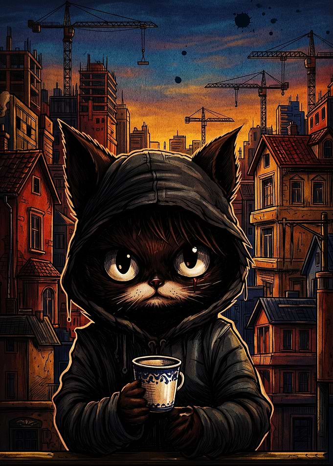 Hooded Cat Drinking Coffee in City