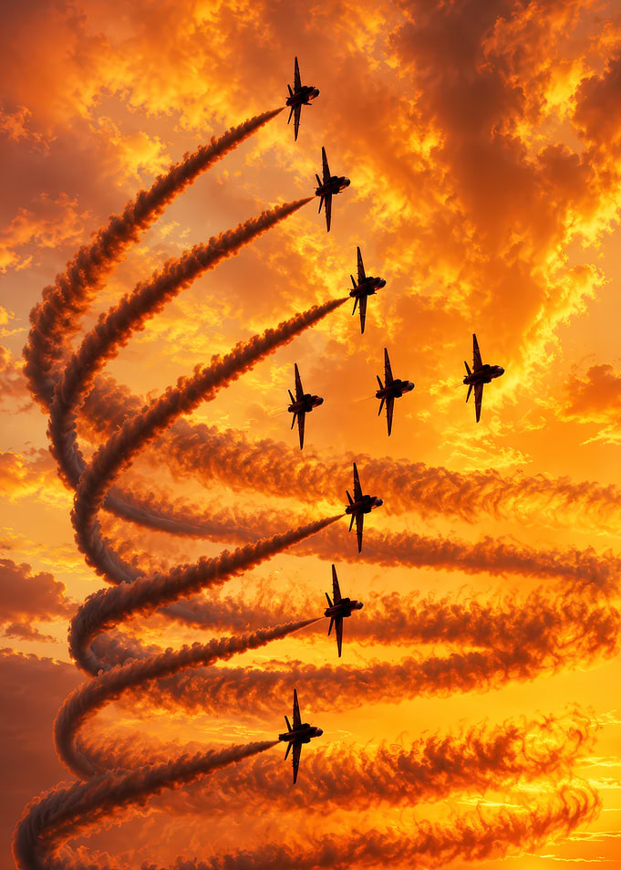 Fighter Jets Performing Aerial Spiral Maneuver