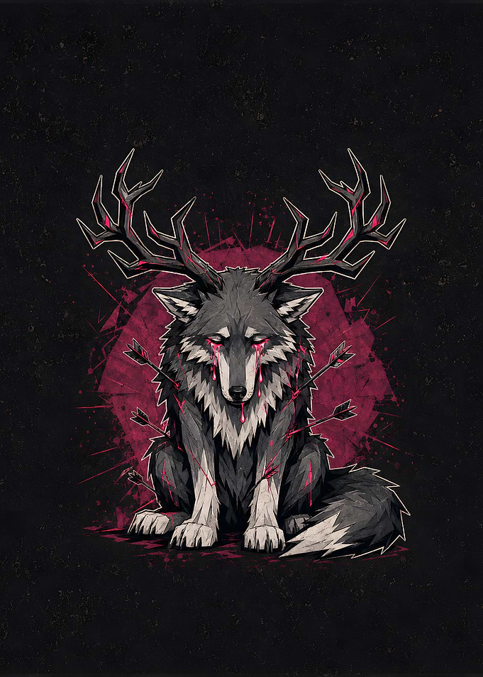 Wounded Wolf with Antlers Illustration
