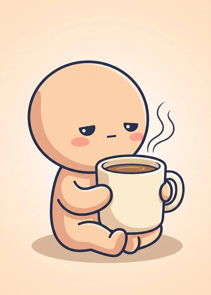 Cute Tired Character Drinking Coffee