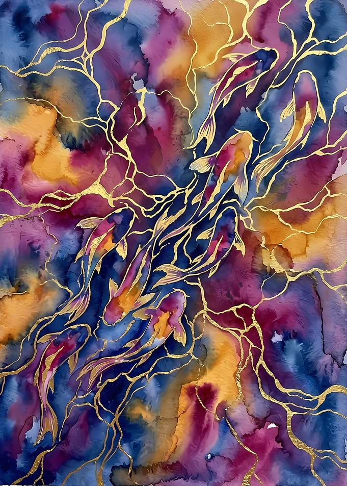 Abstract Gold Leaf Koi Fish Painting