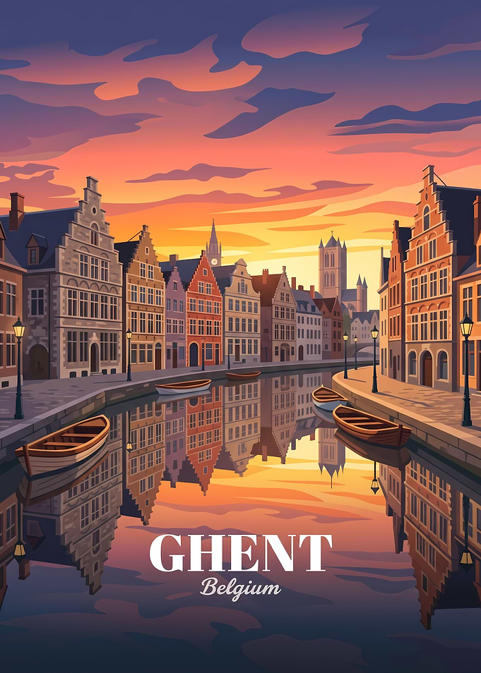 Ghent Belgium Sunset Travel Poster