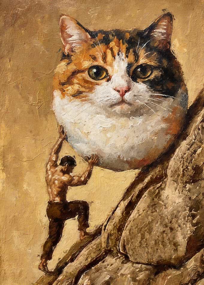 Sisyphus Pushing a Giant Cat Head