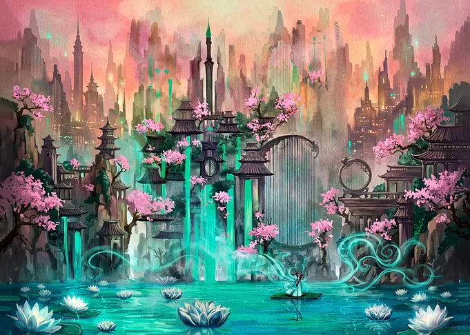 Fantasy Asian City with Cherry Blossoms