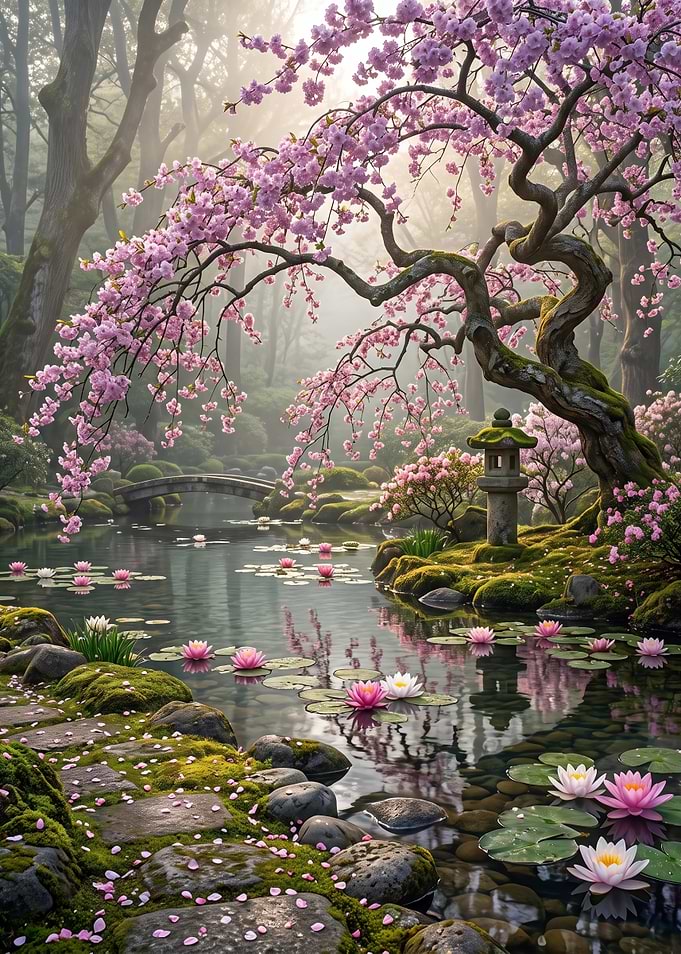 Serene Japanese Garden with Cherry Blossoms