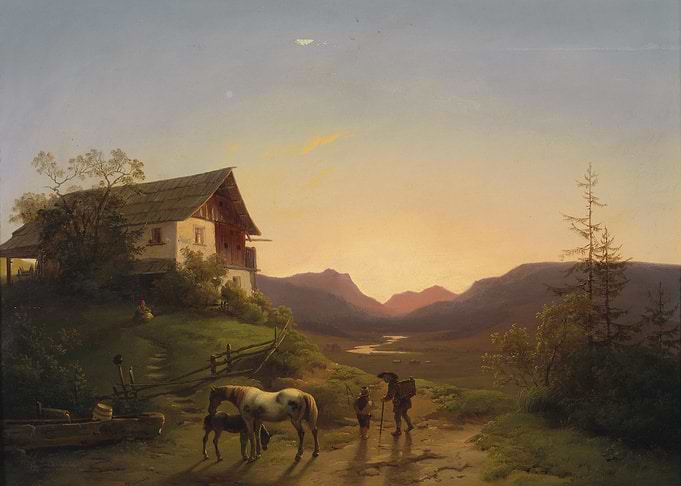 Alpine Landscape with Farmhouse at Sunset