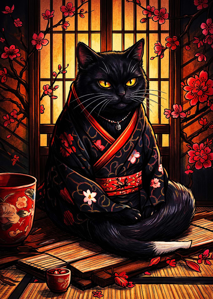 Black Cat in Traditional Kimono
