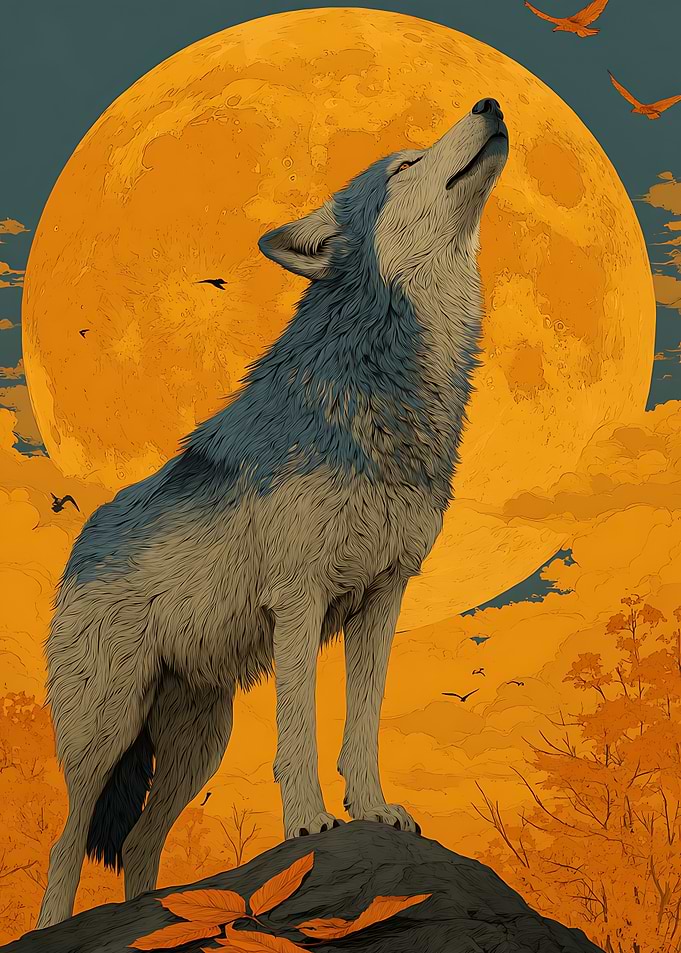 Wolf Howling at Golden Moon