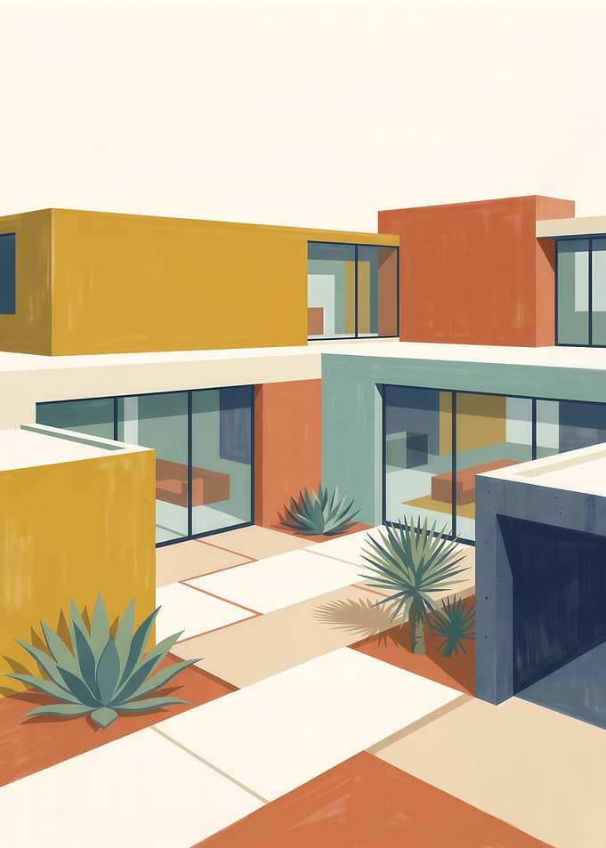 Modern Mid-Century Architectural Courtyard Illustration