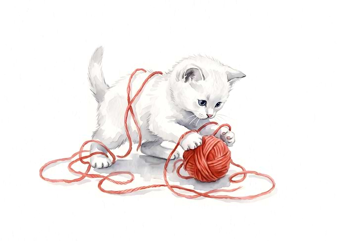 Watercolor Kitten Playing with Yarn