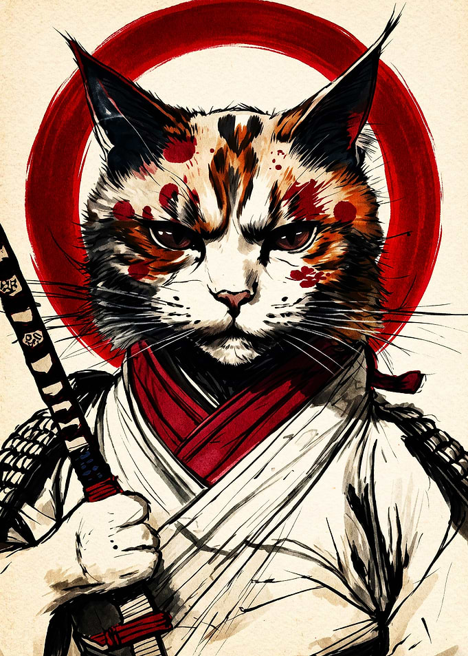 Calico Cat Samurai Warrior Portrait