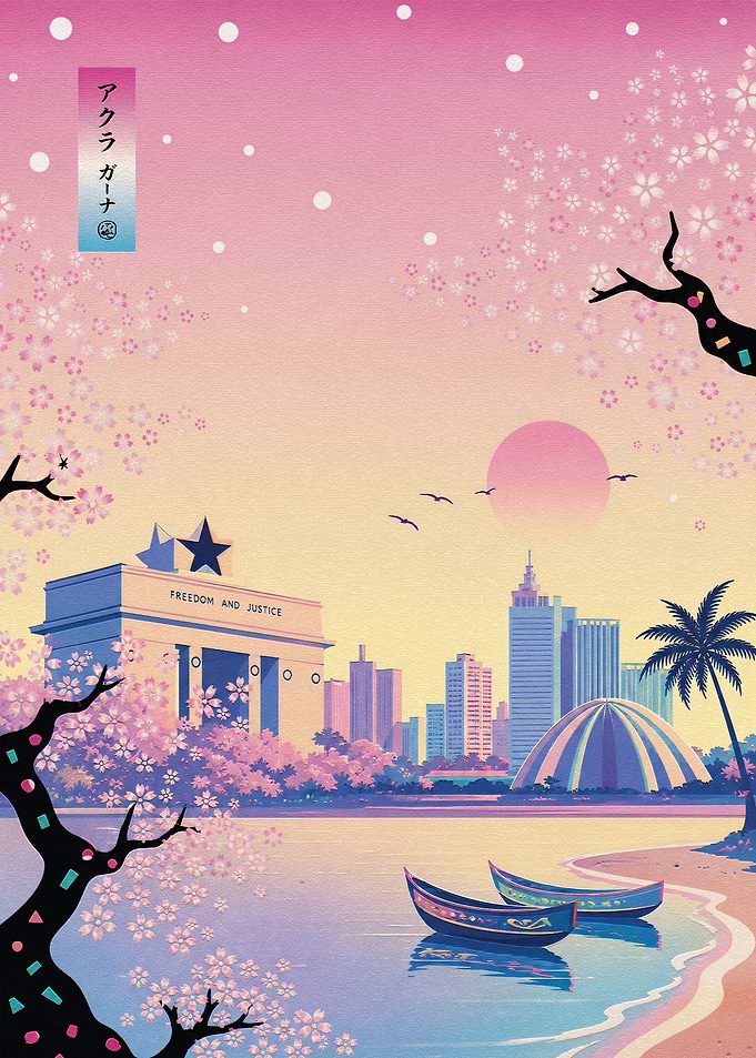 Accra Ghana Cityscape Cherry Blossom Art