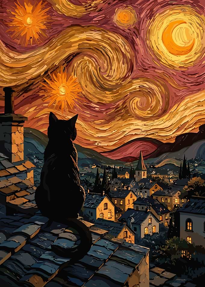 Black Cat Watching Starry Night
