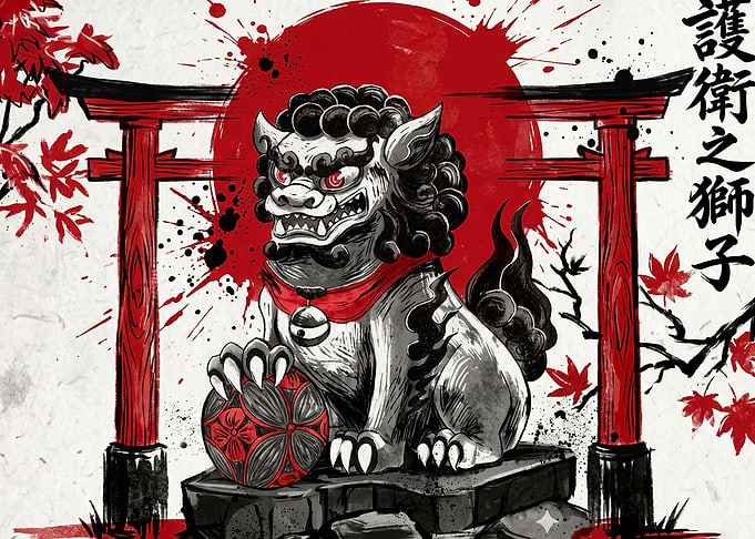 Japanese Guardian Lion Komainu Illustration