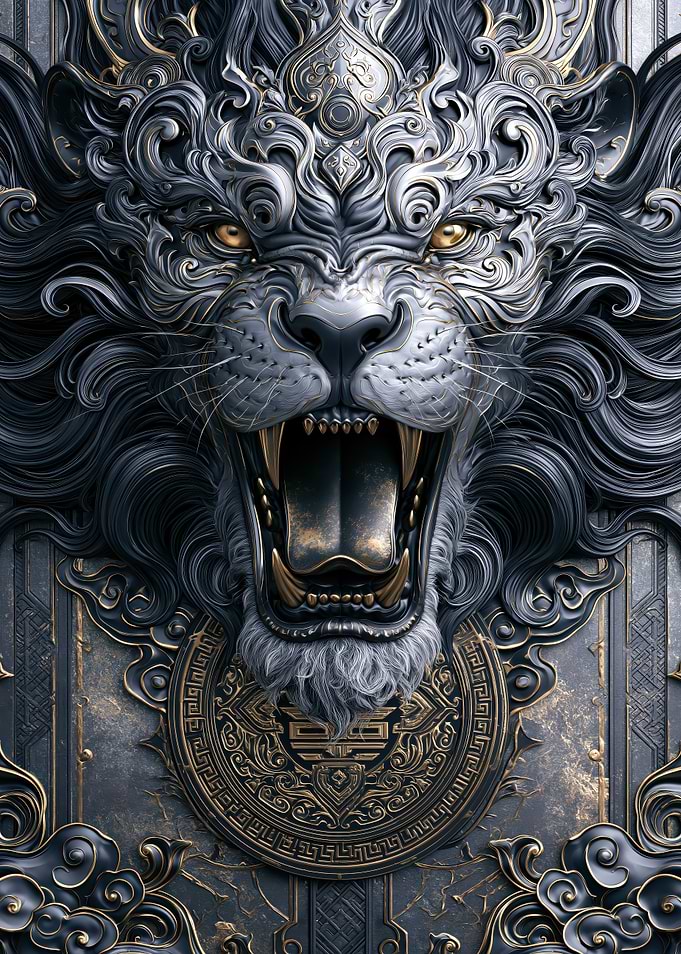 Imperial Guardian - Ornate Metallic Lion Head Relief