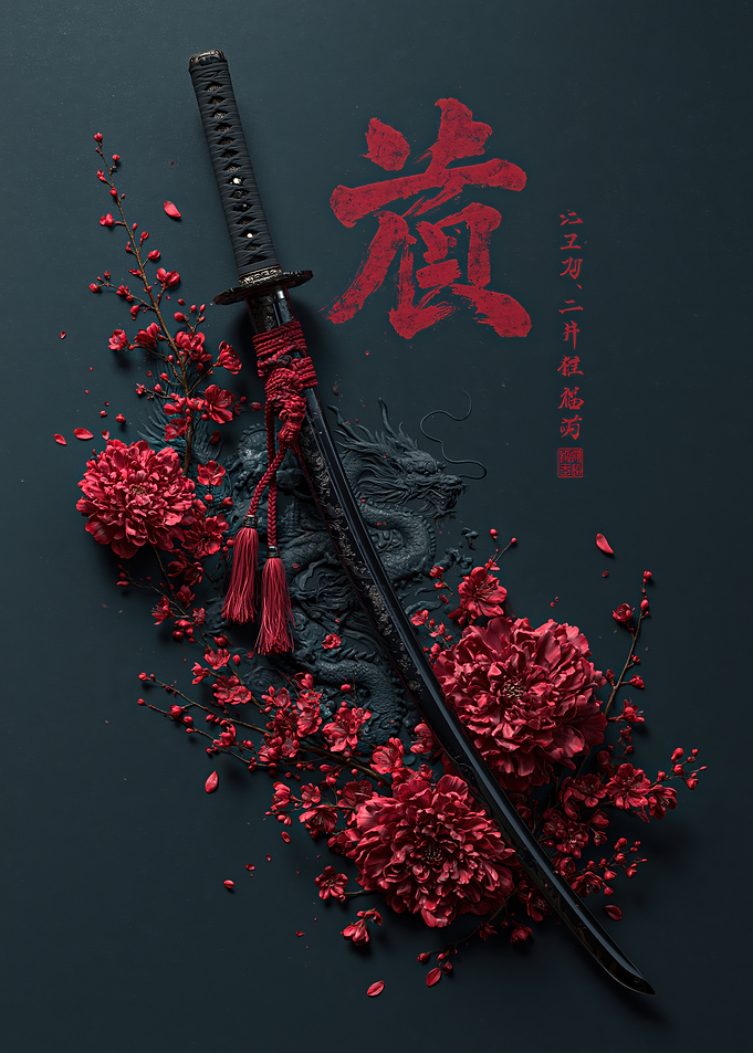 Katana Sword with Red Floral Accents