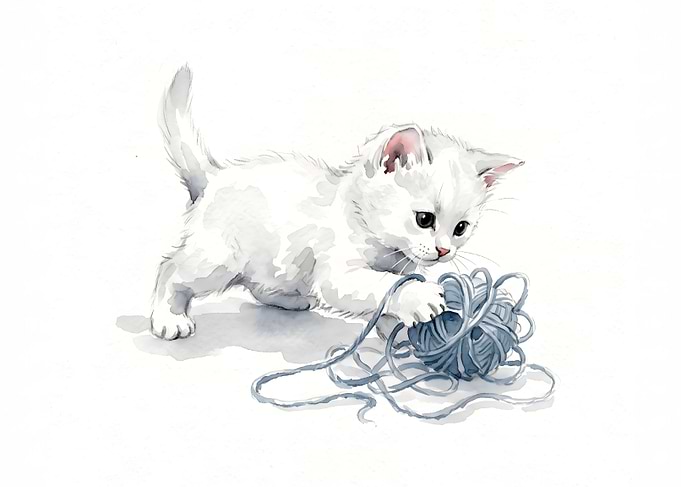 Watercolor Kitten Playing with Yarn