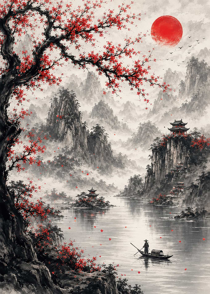 Traditional Asian Landscape with Red Sun