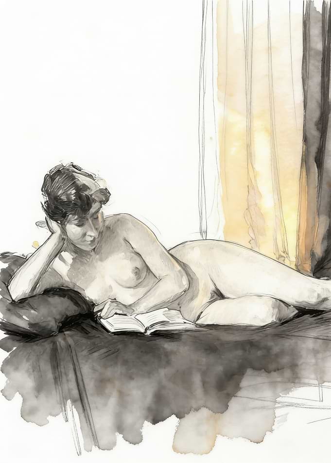 Woman Reading Book Watercolor Sketch